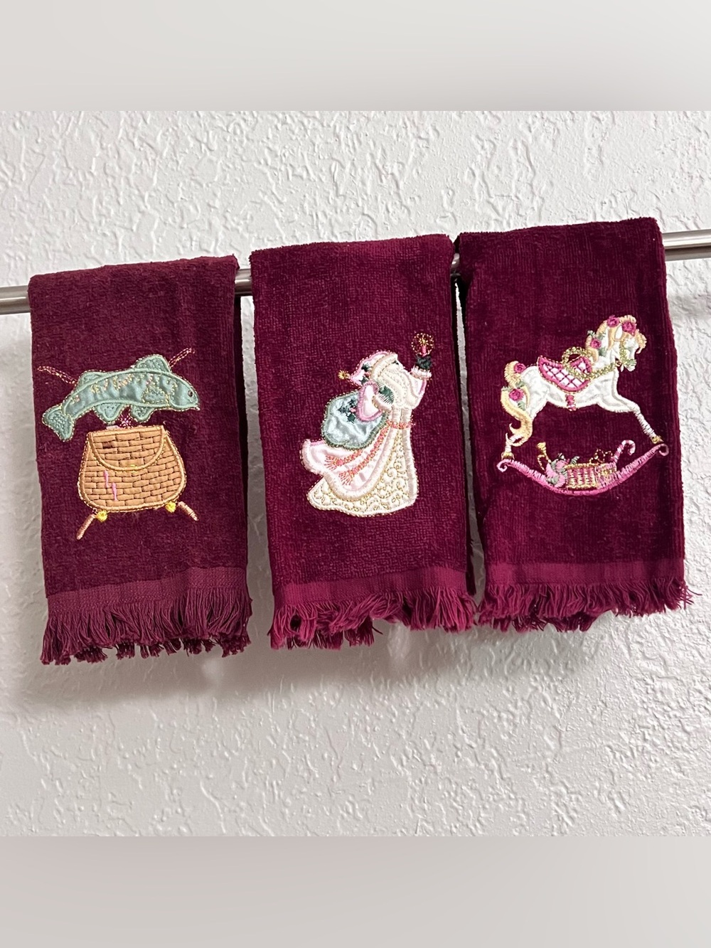 Vintage Christmas Hand Towels Set of 3 Burgundy Santa Rocking Horse